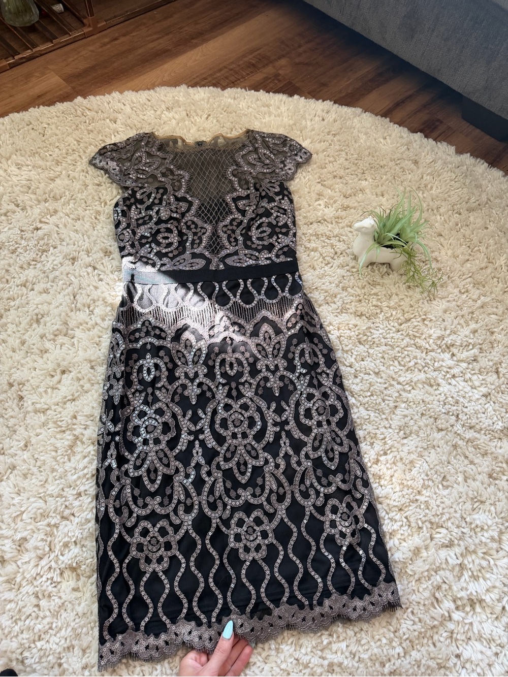 Elegant Tadashi Shoji formal evening Black Midi Dress with Silver Sequin Lace
